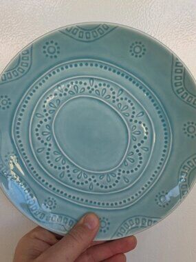 Set 2 Threshold Kennet Azure Aqua Blue Stoneware Salad Plate 8 1/2 Embossed Dots